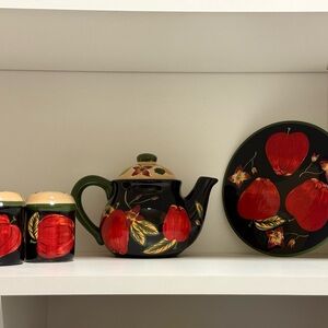 Red Apple Ceramic Teapot, Trivet, and salt & pepper Set